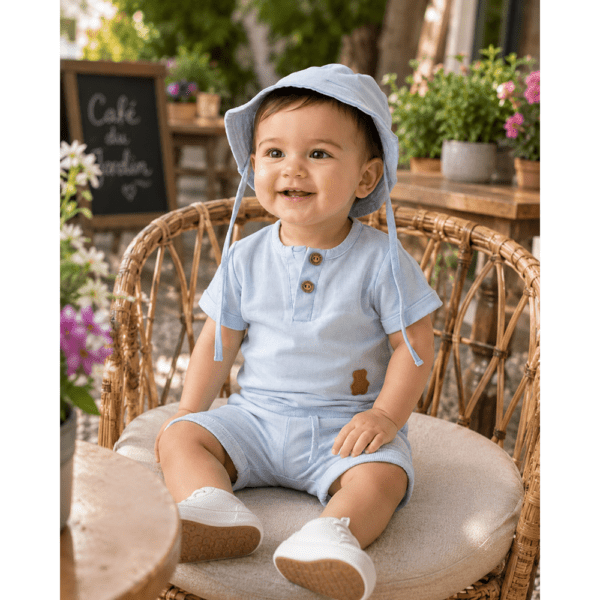 Ensemble Bébé Garçon 3 Pièces Bleu Ciel avec Chapeau