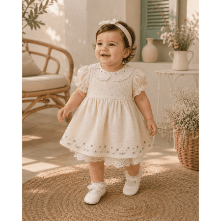 Robe Bébé Fille Élégante Brodée avec Col Dentelle