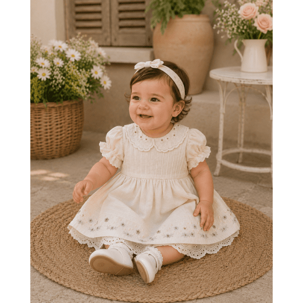 Robe Bébé Fille Élégante Brodée avec Col Dentelle