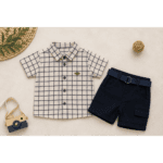 Ensemble Garçon Élégant à Carreaux Beige & Bleu Marine