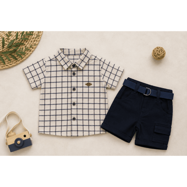 Ensemble Garçon Élégant à Carreaux Beige & Bleu Marine