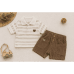 Ensemble Garçon Polo Rayé Beige & Short Marron