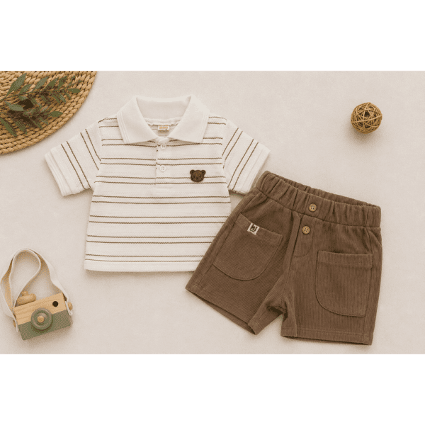 Ensemble Garçon Polo Rayé Beige & Short Marron
