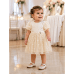 Robe de Cérémonie Bébé Fille Beige Champagne à Tulle Brodé