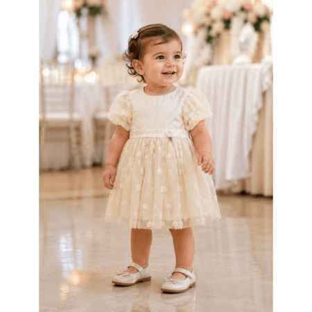 Robe de Cérémonie Bébé Fille Beige Champagne à Tulle Brodé