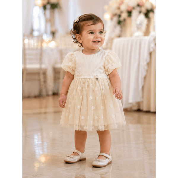 Robe de Cérémonie Bébé Fille Beige Champagne à Tulle Brodé