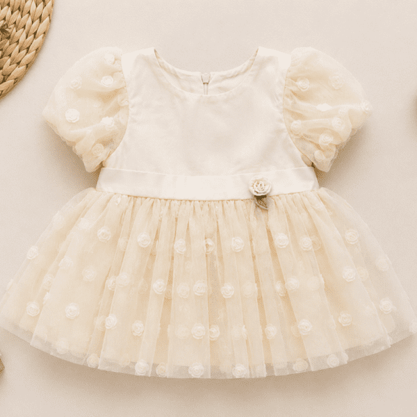 Robe de Cérémonie Bébé Fille Beige Champagne à Tulle Brodé