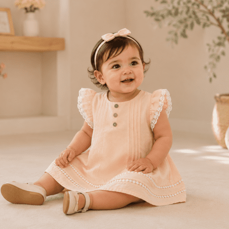 Robe Bébé Fille Rose Poudré avec Dentelle